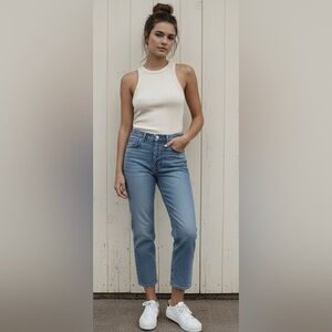 Reformation Cynthia Medium Blue Wash High Waisted Straight Cropped Jeans, 24